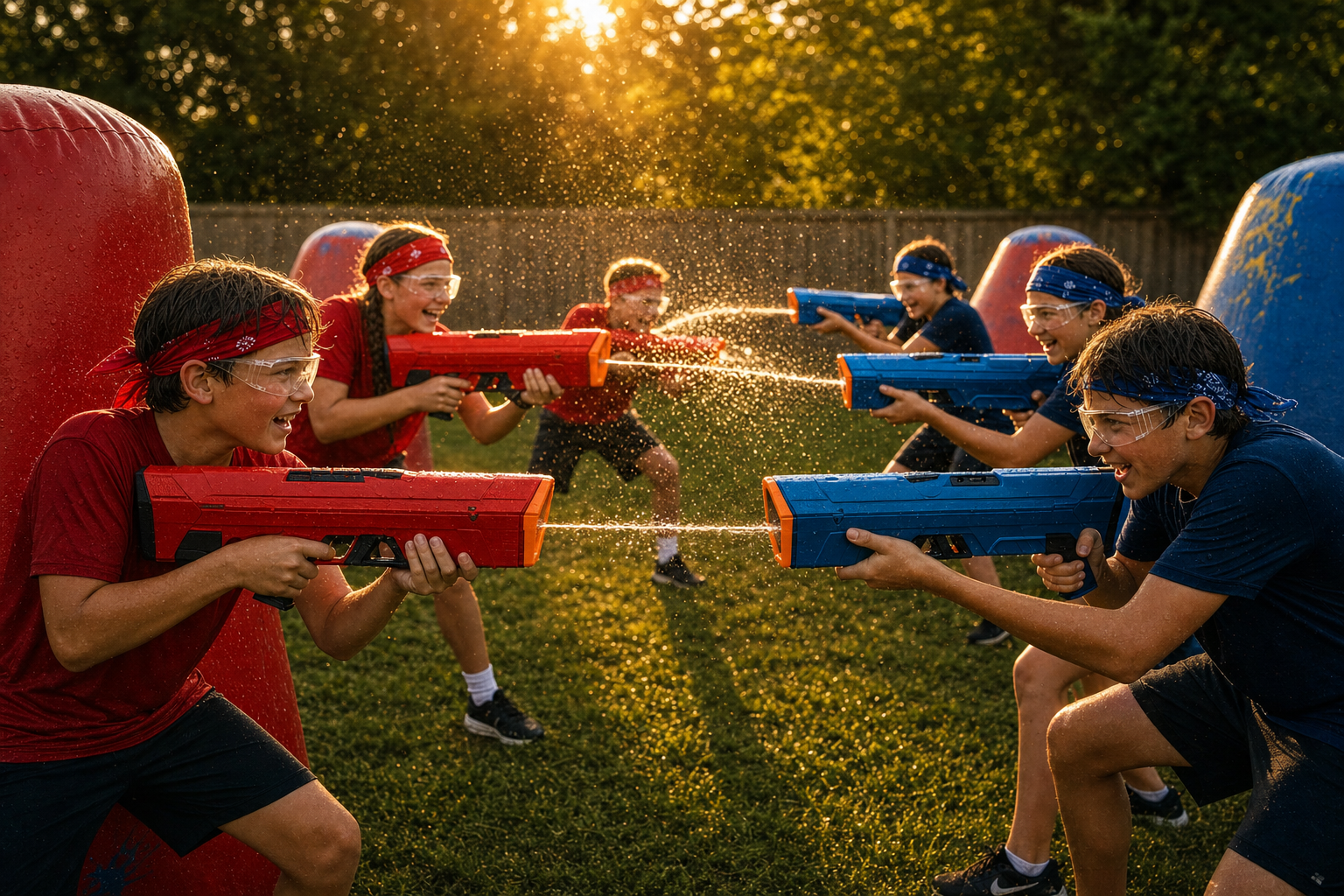 Red and blue teams of kids battling with electric water blasters matching their bandana colors